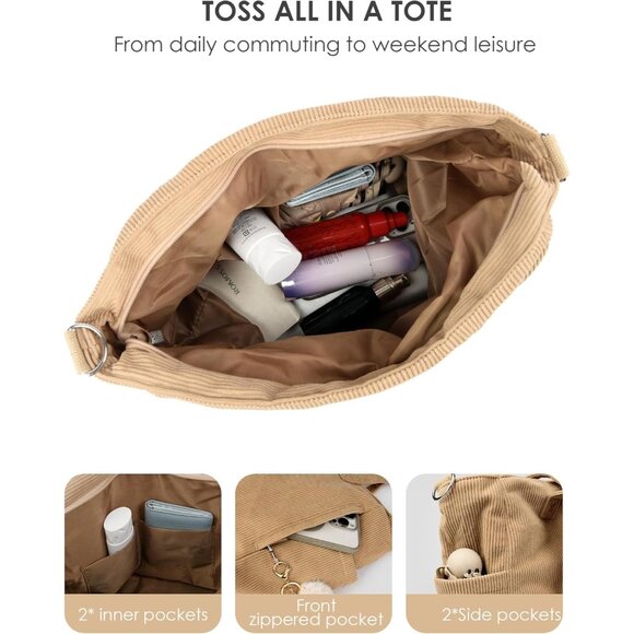 Women Black Corduroy With Polyester Fiber Lining Shoulder Handbag with Pouch - Picture 4 of 8